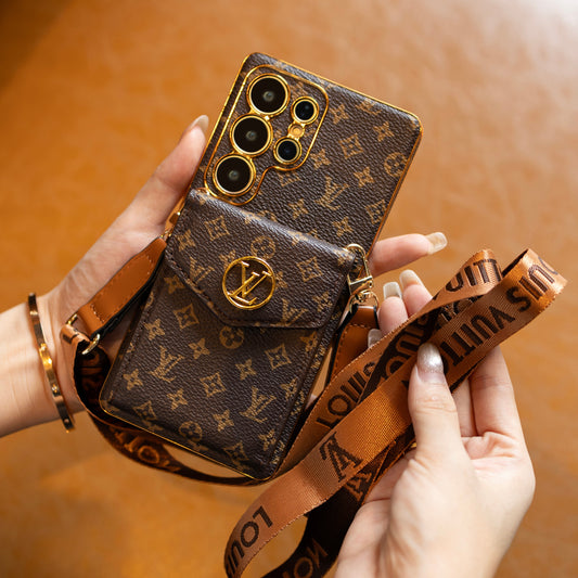 高級皮革三星手機殼,帶錢包和肩帶。