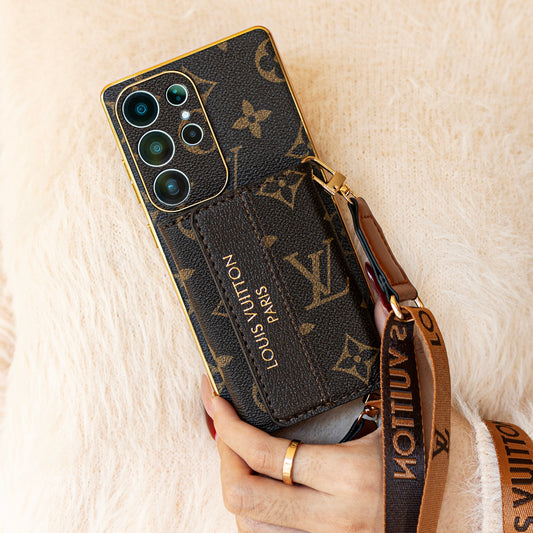 高級皮革三星手機殼,帶錢包和肩帶。