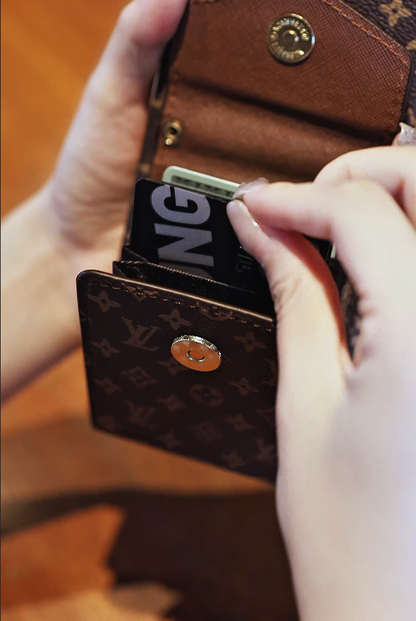 高級皮革三星手機殼，帶錢包和肩帶。