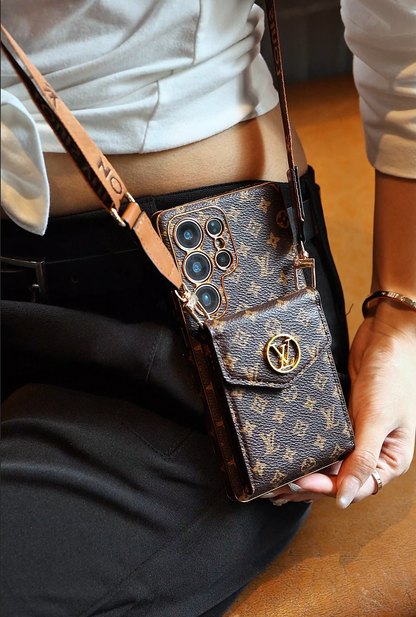 高級皮革三星手機殼，帶錢包和肩帶。