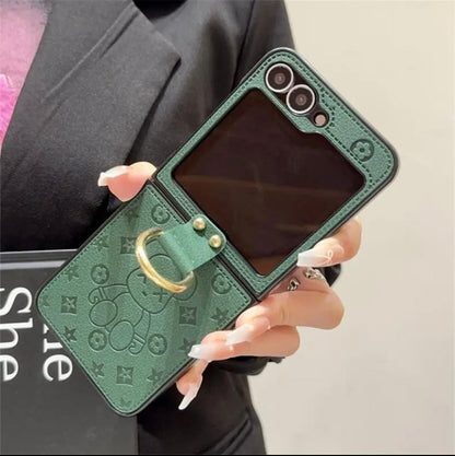 《三星Z Flip系列皮革折疊防摔手機殼，帶指環扣設計》