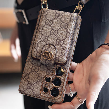 高級皮革三星手機殼，帶錢包和肩帶。