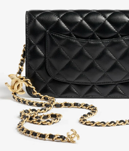 鏈條錢包閃亮小羊皮珍珠金色金屬