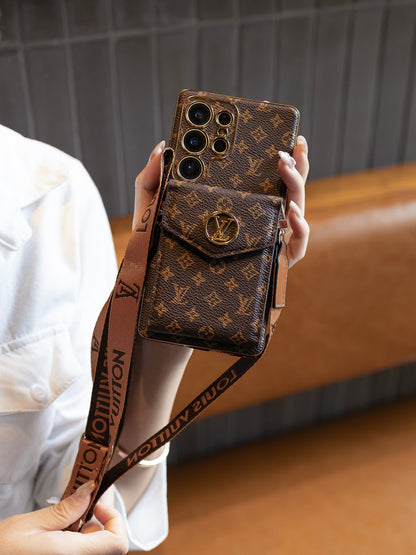 高級皮革三星手機殼，帶錢包和肩帶。