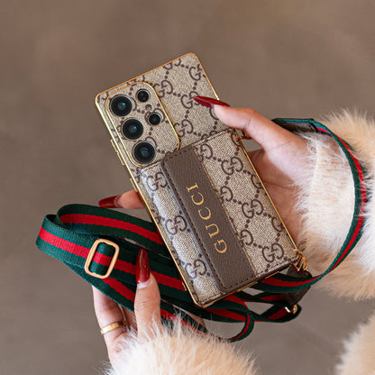 高級皮革三星手機殼，帶錢包和錶帶 W.