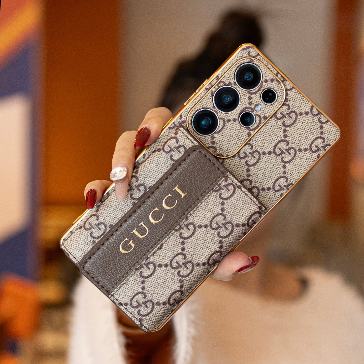 高級皮革三星手機殼，帶錢包和錶帶 W.