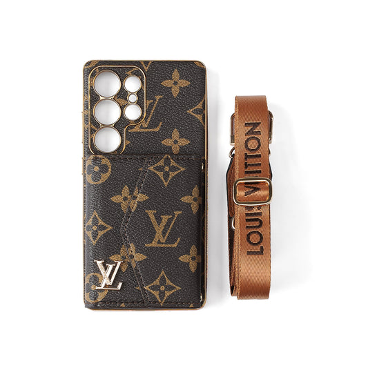 高級皮革三星手機殼，帶錢包和肩帶。