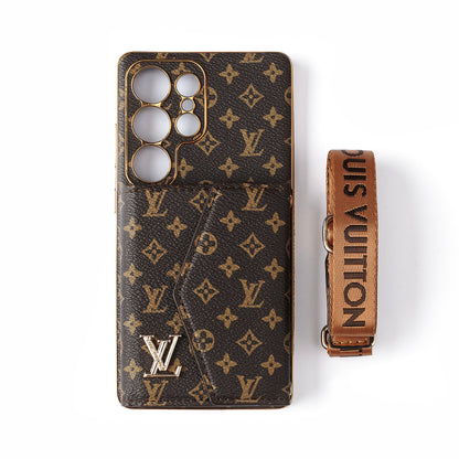 高級皮革三星手機殼，帶錢包和肩帶。