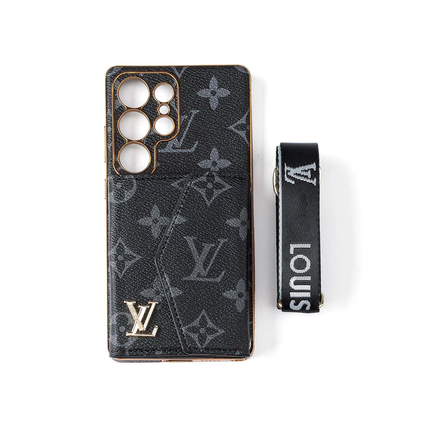 高級皮革三星手機殼，帶錢包和肩帶。