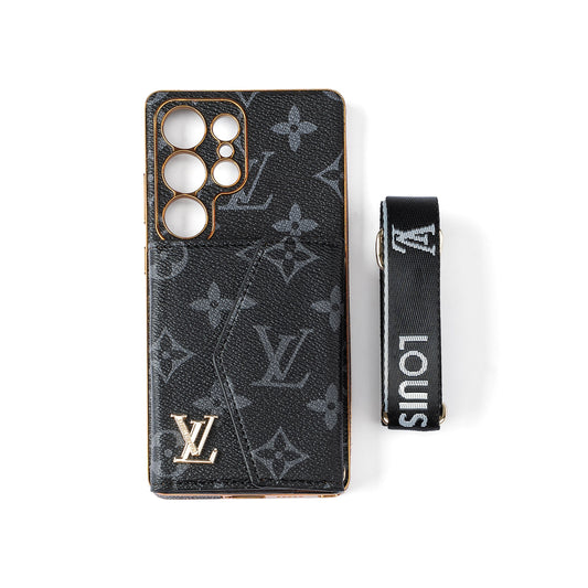 高級皮革三星手機殼，帶錢包和肩帶。