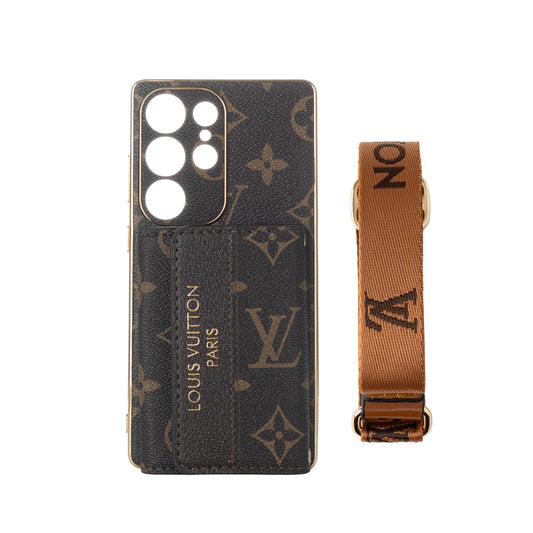 高級皮革三星手機殼，帶錢包和肩帶。