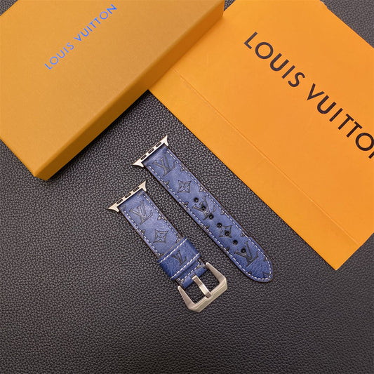 Кожаный ремешок для часов Apple с монограммой, кожаный синий-YH24422