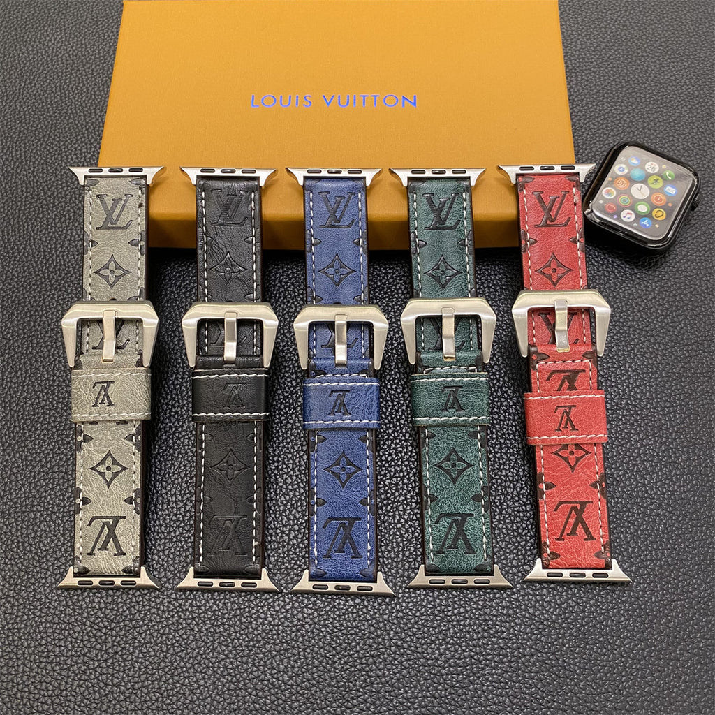 Leather Monogram Apple Watch Bands Leather Blue-YH24422